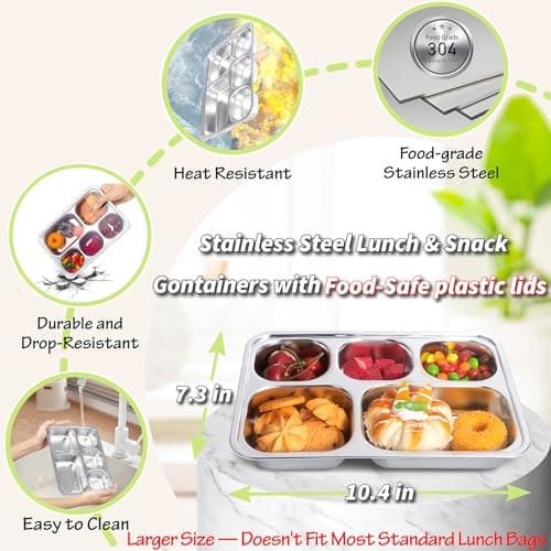 Stainless Steel Snack Containers with Plastic Lids - 3 Pack - 5 Compartments Bento Snack Boxes - Large Reusable Meal Prep for Kids Adult - Divided Food Storage Container for School, Lunch, Home Travel 2
