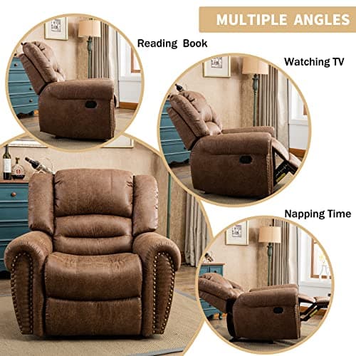 CANMOV Leather Recliner Chair, Classic and Traditional Manual Recliner Chair with Comfortable Arms and Back Single Sofa for Living Room, Nut Brown 9