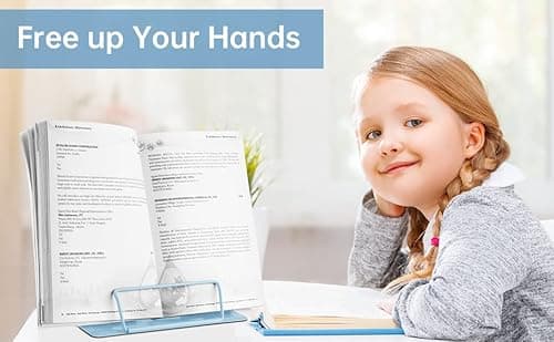 Honagu Metal Desk Book Holder, Hands Free Adjustable Cookbook & Document Holder, Portable Bookstand for Music Books, Textbooks, Recipes, Tablets & iPads (Light Blue) 8