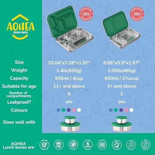 AOHEA Stainless Steel Bento Box Kids, Kids Metal Bento Lunch Box BPA Free Lunch Box Containers 304 Stainless Steel Bento Box for School and Office(Green) 5