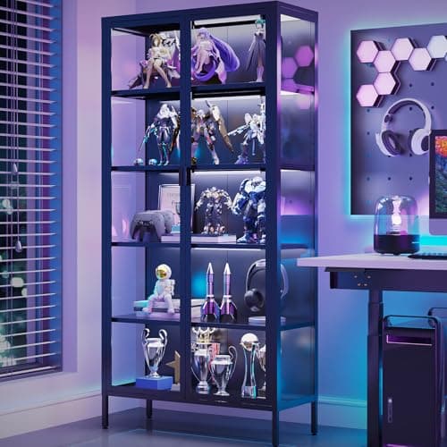 Eltean 71" H Display Cabinet with Glass Doors, 5 Tiers Curio Glass Display Cabinet with 3 Colors LED Sensor Light,Display Cabinets for Collectible with 4 Adjustable Shelves for Living Room,Bedroom