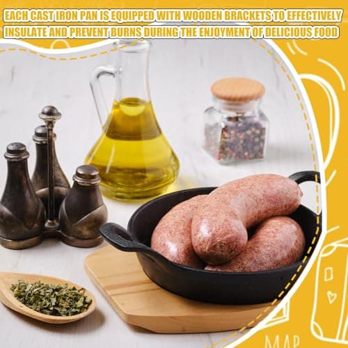 FoldTier 2 Set Mini Cast Iron Skillet Small Cast Iron Plates Skillet with Wooden Base Small Round Pan Heavy Duty Fajita Plate Pot for Baking Cooking for Kitchen Restaurant Barbecue(6.3 Inches) 5