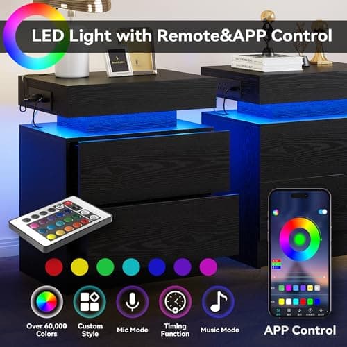 LIKIMIO Night Stand with Charging Station, Modern Black Nightstand with LED Light and Drawers, Bedside Tables/End Table for Bedroom 4
