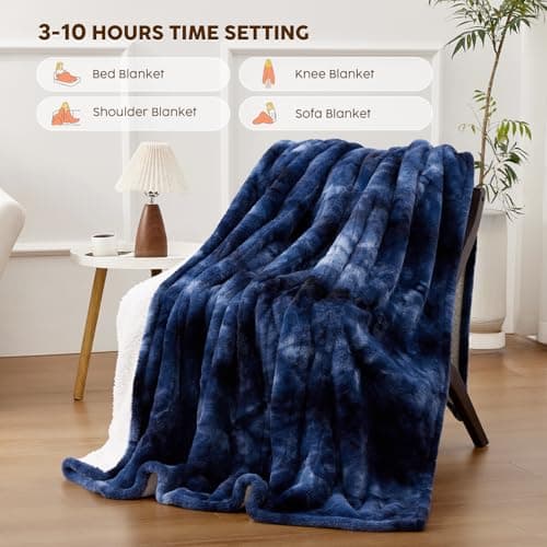 HYLEORY Faux Fur Heated Throw BlanketElectric - Soft Thick Flannel Heating Blanket with 5 Heat Levels & Auto-Off 3 Hrs, Heavy Fluffy Warm Bed Blankets for Winter, 50''x60'', Navy 8