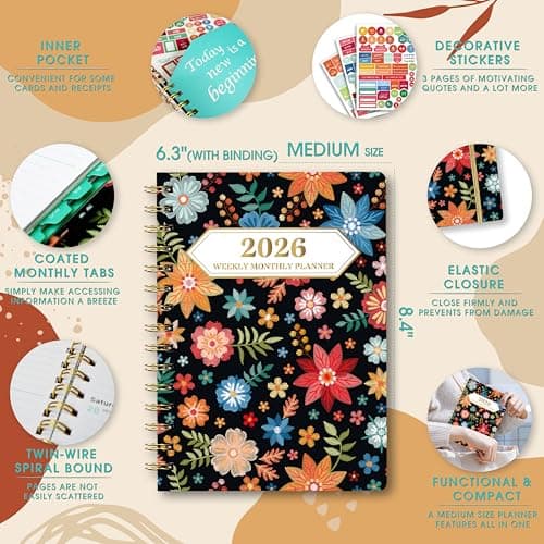 Ymumuda 2026 Planner, Daily Weekly and Monthly Planner，Jan 2026 - Dec 2026, 8.4" x 6.3", 2026 Calendar Planner Book with Tabs, Spiral Notebook with Inner Pocket for Office Home School Supplies 5