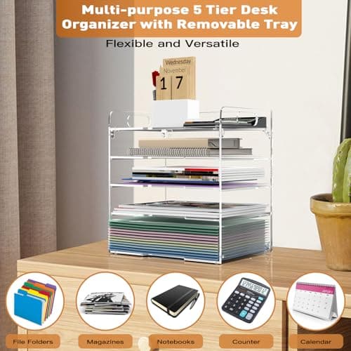 POCFOINY 5 Tier Paper Organizer for Desk, Acrylic Desk Organizer, Stackable Paper Tray Letter Tray, Acrylic File Organizer with Handles, Clear Paper Sorter for Home, Office Accessories Organization 5