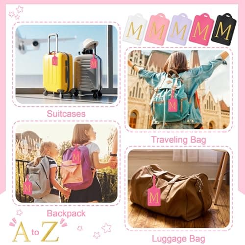 Personalized Initial Luggage Tags for Suitcases, Cute PU Leather Embroidered Letter Travel Luggage Tags, Suitcase Identifier Name Baggage Tag, Bag Tags for Men Women Kids Luggage Handbags(Rosered M) 6
