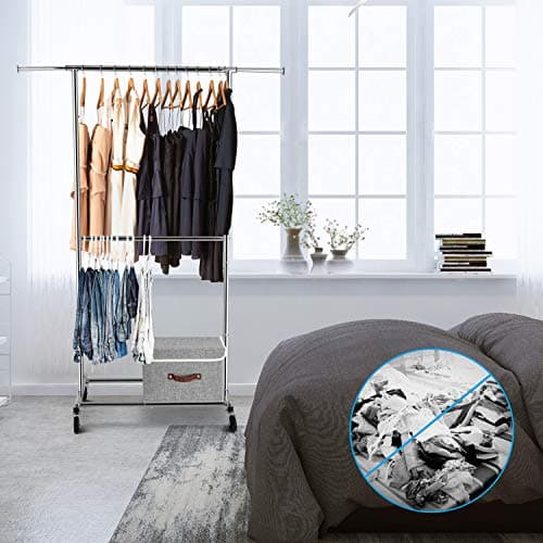 Simple Trending Double Rod Clothing Garment Rack, Rolling Clothes Organizer on Wheels for Hanging Clothes, Chrome 6