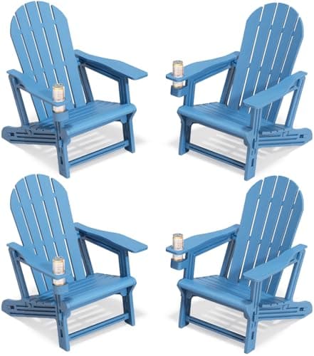 Orbotots Adirondack Chairs Set of 4, Tool-Free Assembly All-Weather Plastic Adirondack Chairs, HDPE Fire Pit Chairs with Cup Holder, Outdoor Chair for Patio Garden (Blue)