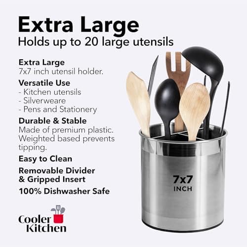 Cooler Kitchen Rotating Extra Large Stainless Steel Utensil Holder Caddy with Sturdy No-Tip Weighted Base, Removable Divider, and Gripped Insert Bottom -Dishwasher Safe Metal Cooking Utensil Holder 5