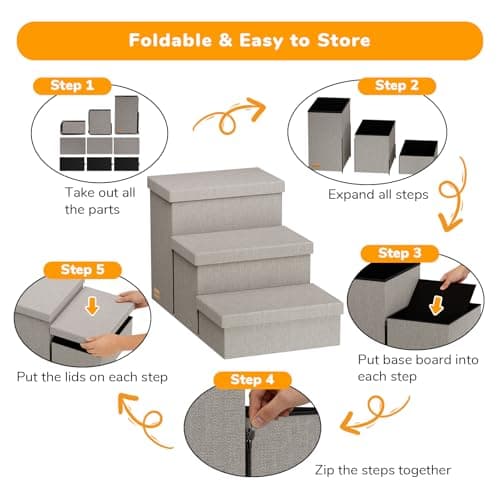 Fecuria 3-Step Wide Dog Stairs with Hidden Storage 18" H, Non-Slip Dog Steps for High Bed Couch Window Car, Jiont-Friendly Pet Stairs Ramp for Small/Medium/Large Old Dogs Cats Up to 200lbs, Grey 7