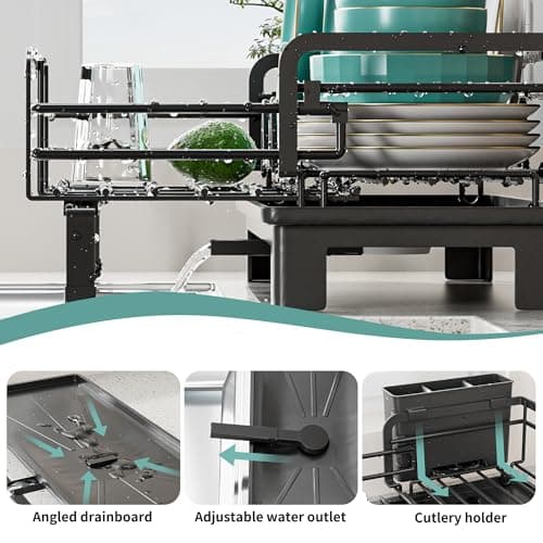 Small Dish Drying Rack - Extendable Dish Rack for Kitchen Counter, Rustproof Dish Drainers with Utensil Holder, Perfect for Apartments, RVs and Small Spaces,16.5" D x 7.5"-12.5" W x 6.5" H 5