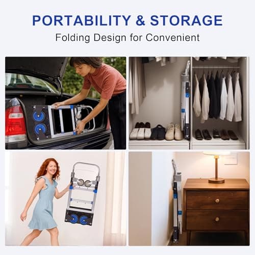 Upgraded 3 in 1 Aluminum Folding Hand Truck, 600lbs Capacity, Heavy Duty Convertible Dolly with Retractable Handle and 4 Rubber Wheels, Collapsible Cart for Moving Home, Office, Warehouse (Blue) 7