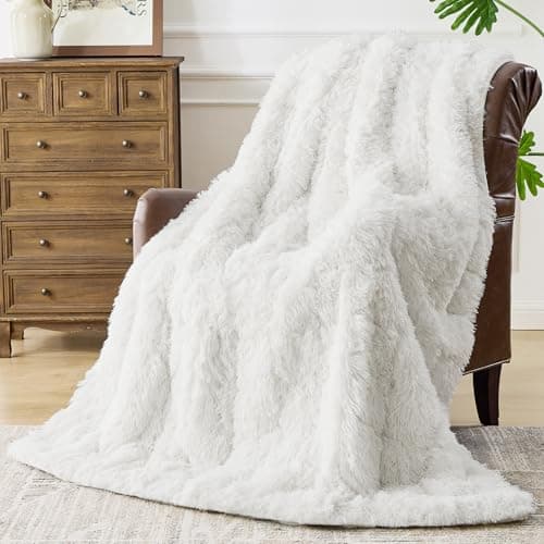Faux Fur Weighted Blanket for Adults(15 lbs, 60” x 80”, White),Fuzzy Cozy Sherpa Weighted Blanket Queen Size for Adult,Fluffy Sherpa Comfy Heavy Blanket for Women Men,Warm Soft Plush Blanket