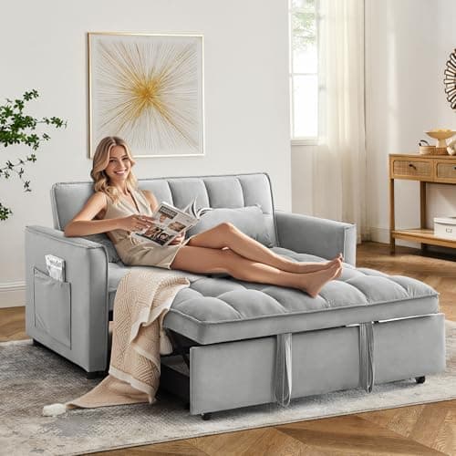 3 in 1 Sleeper Sofa Bed,Velvet Convertible Sofa Bed Pull-Out Bed Couch With Side Pockets,55'' Loveseat Sleeper Sofa with Adjustable Backrest for Living Room,Bedroom,Apartment and Small Space,Gray