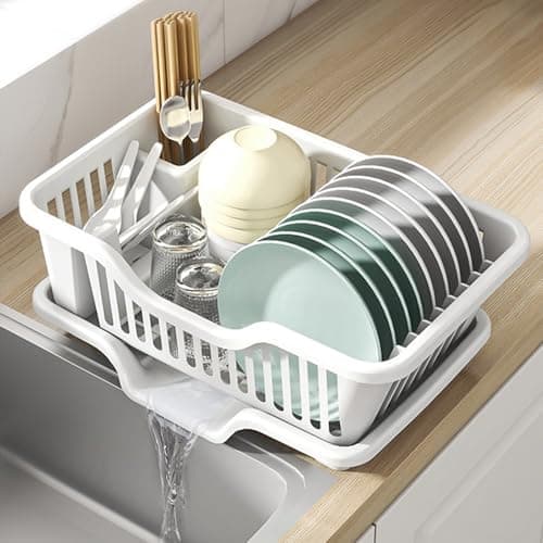 Noamus 2-Piece Plastic Dish Drying Rack, Heavy Duty Sink Set Dish Rack, White Large Drainer with Attached Drainboard Utensil Cup Holders for Home Kitchen Counter Top Organizers