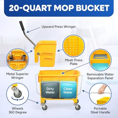 PLASTIC PRINCE Mop Bucket with Wringer on Wheels Small 5 Gallon, Heavy Duty Dual Chamber Industrial Mop Bucket Separate Dirty Water, Perfect for Business Household, 20 Quart Yellow 6