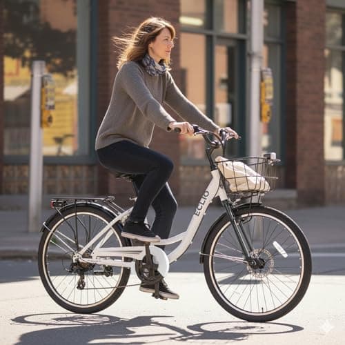 DDC SPORT Electric Bike for Adults, Peak 700W Motor 20MPH, 374.4WH Removable Battery 50Miles, 24'' Step Through City Cruiser Ebike for Commuter, E-Bike with 7-Speed, Front Basket 9