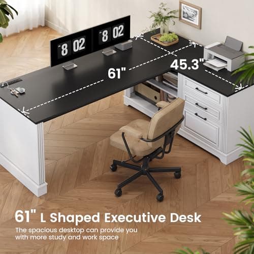 SEDETA Farmhouse 61" Executive L Shaped Desk, Home Office Desk with File Drawers, Computer Desk with Power Outlets and Storage Shelves for Home Office, White 7