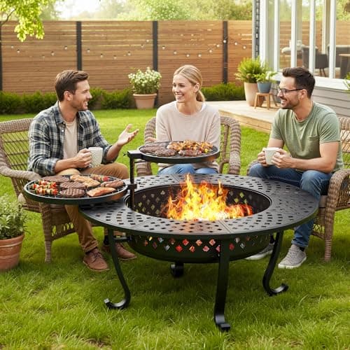 Wisteria Lane 3 in 1 43" Extra Large Fire Pit for Outside Wood Burning with 2 Adjustable Grills, Outdoor Fireplace with Lid and Fire Poker, BBQ & Bonfire & Round Metal Table for Patio, Backyard