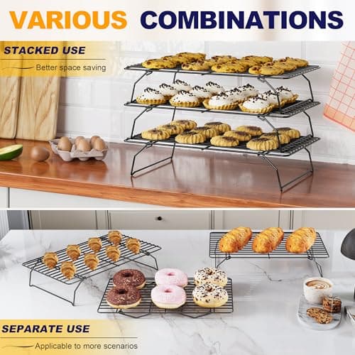 3 Tier Stackable Cooling Rack for Batch Cooling Cookie, Pizza, Cake-15.8”x 10”- Heavy Duty Cooling Racks for Cooking and Baking, Oven and Dishwasher Safe Baking Supplies-Black 5