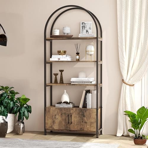 JoanKaren Arched Bookshelf, Bookcase with Doors Storage, 71.5 Inches Tall Industrial Book Shelf with Sturdy Metal Frame and Quality Boards, Freestanding Display Shelving (Black)