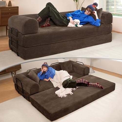 Olimix Convertible Sleeper Sofa Bed, 78" Corduroy Foldable Boneless Modular Couch, Memory Foam Compressed Sofa in A Box W/Plush Fabric Comfy Floor Lounge Couch for Living Room Apartment Bedroom, Brown 9