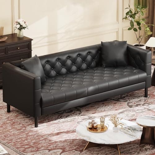 IDEALHOUSE 81" Leather Sofa, Button-Tufted 3 Seater Sofa, Mid-Century Modern Leather Couch with Deep Seat, Chesterfield Sofa for Living Room, Apartment, Office, Black