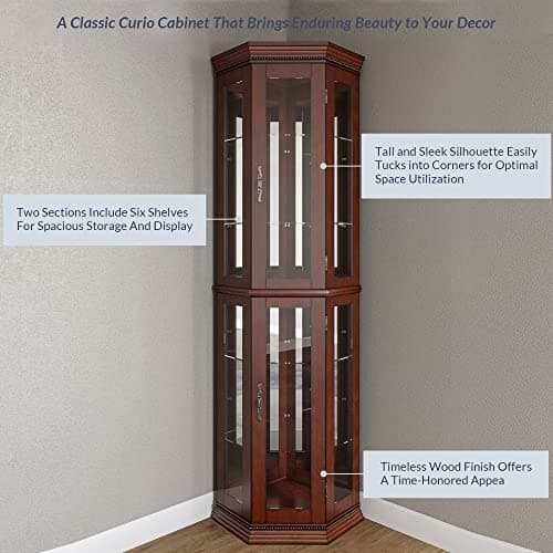 BELLEZE Lighted Wooden Corner Display Curio Cabinet, Two Section Shelving Unit with Tempered Glass Door, Bar and Liquor Storage Area with 6 Shelves - Lorona (Walnut) 5