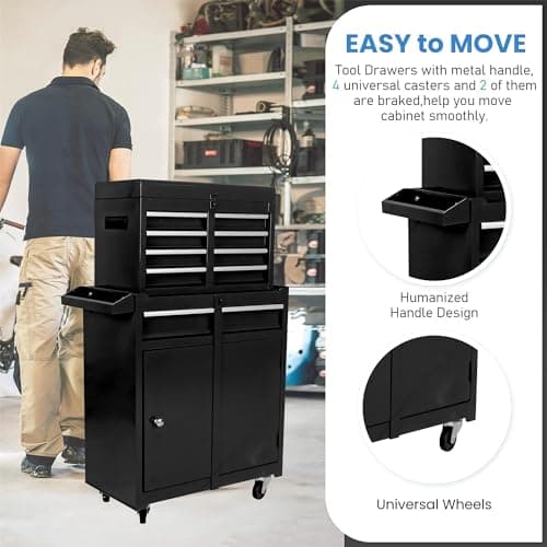 SumKea Tool Cabinet, Tool Chest with Wheels, Garage Tool Box, 5 Drawer Rolling Tool Chest and 2 Lockers, Detachable Storage Cabinet, for Garage Warehouse Workshop, Black 7