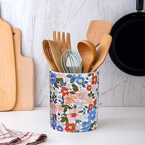LEAZUL Kitchen Utensil Holder,7.2″Extra Large Stable Vintage Floral Pattern Ceramic Utensil Crock,Flower Utensil Organizer for Countertop,Kitchen Decor,Utensil Holder for Housewarming Gift Pink 7