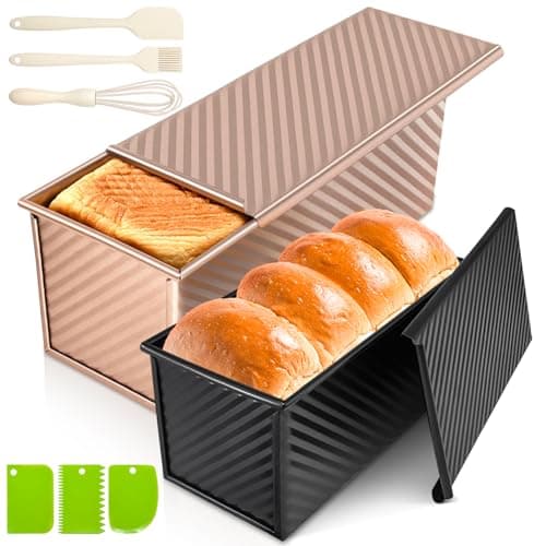 Dipanist 2Pack Pullman Loaf Pans with Lids – 2.2 LB & 1 LB Dough Capacity, Non-Stick Carbon Steel Bread Pans for Homemade Sandwich and Sourdough Bread, Corrugated Toast Mold