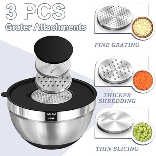 Umite Chef Mixing Bowls with Airtight Lids, 8PCS Stainless Steel Nesting Mixing Bowls Set, 3 Grater Attachments & Non-Slip Bottoms, Black Kitchen Bowls, Size 5, 4, 3.5, 2, 1.5QT for Baking & Serving 3