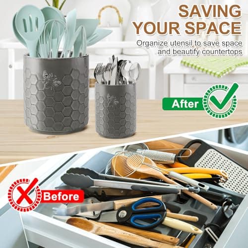 Consevisen Utensil Holder, 6.9” + 5” Kitchen Utensil Holder for Countertop, Large Ceramic Cooking Utensil Crock for Kitchen Counter, Vintage Farmhouse Utensil Organizer, Kitchen Decor and Accessories 5