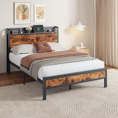 Furnulem Full Size Bed Frame with Storage Headboard, Industrial Platform Bed with Charging Station and LED Lights, Heavy Duty Metal Slats, No Box Spring Need, Noise Free 9