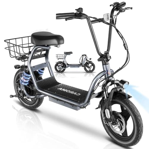 Caroma Electric Scooter with Seat for Adults, 1200W/800W Peak Motor, 30Miles Long Range & 20Mph, 14" Fat Tire Foldable E Scooter with Basket for Commuting (14" Tire-800W-25Miles, Frosted Grey)