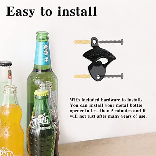 4 Pcs Bottle Opener Wall Mounted, Antique Metal Beer Bottle Top Openers Hardware With Mount Screws Set, Outdoor, Rustic, Cabinet, Vintage Bar (Black) 7