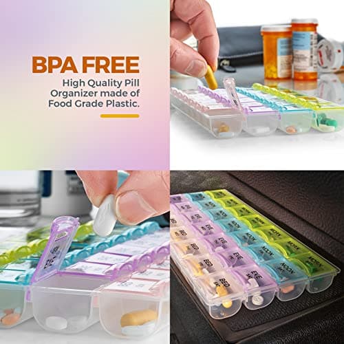 Pill Organizer - Large Pill Organizer with Weekly and Daily 4-Times-A-Day Compartments for Morning, Noon, Evening, Night - BPA-Free, Portable and Travel Friendly Pill Boxes Case 8