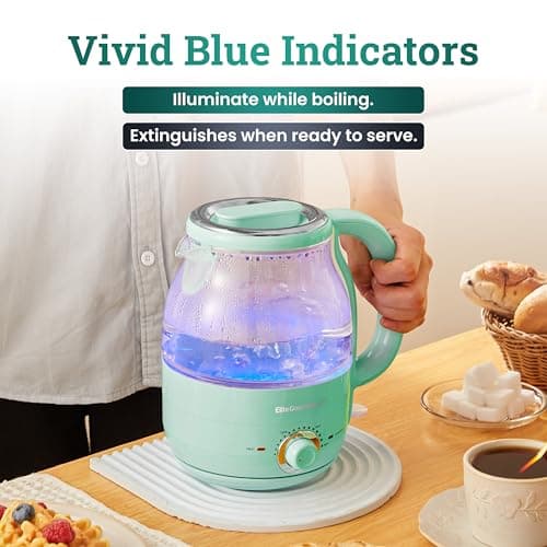 Elite Gourmet 1.2L Electric Glass Kettle, 1200W Fast Boil, Adjustable Temperature Control & Keep Warm, BPA-Free Borosilicate Glass, Auto Shut-Off & Boil-Dry Protection, 360° Cordless Base, Mint 6