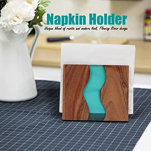 LAVAUK Acacia wood & Transparent Epoxy resin Napkin holder for table, Rustic farmhouse napkin organisation for kitchen, dining, counter tops, restaurant or outdoors | 6x5x2.5 inches| Turquoise 6