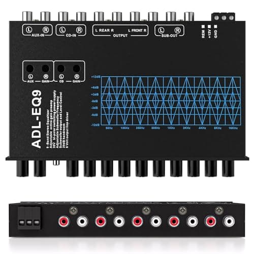 Facmogu 9-Band Car Audio Equalizer, Car Graphic Equalizer EQ W/Front, Rear + Sub Output, 8V RMS Line Driver, Adjustable Audio Output for Car, Boat, W/CD/AUX Input Select & White Light Illumination 8