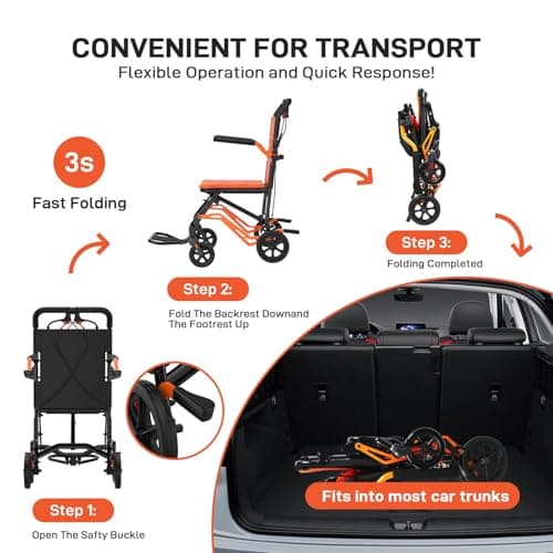 Wheelchairs for Adults, Lightweight Transport Chair,Foldable and PortableTravel Wheelchair with Removable Flip Armrests and Swing Footrests,Portable Travel Chair with Hand Brakes 6