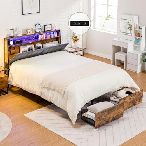 COMHOMA Queen Size Platform Bed Frame with LED Lights and Charging Station, Storage Headboard and Footboard Drawers, No Box Spring Needed, Rustic Wood Look