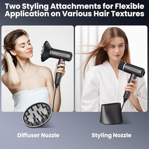 Hair Dryer, 1400W Professional Ionic High-Speed Blow Dryer for Fast Drying with Diffusers Nozzle and Styling Nozzle, Lightweight, Ultra-Quiet, Hair Dryer with 180000RPM Brushless Motor 2