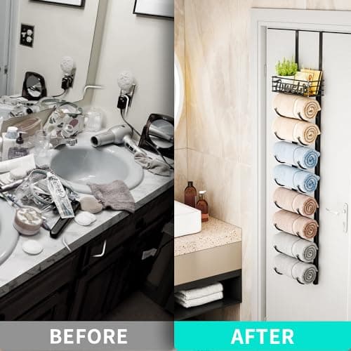 HapiRm Towel Racks for Bathroom Storage - 9 Tier Over The Door & Wall Mount Rolled Towel Storage Organizer Holder with Metal Shelf Basket for Small Bathroom, Camper, Rv - Black, Patented 9