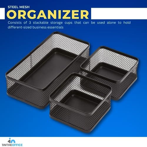 1InTheOffice Mesh Collection Desk Drawer Organizer Tray 3 Compartment - Stackable, Matte Black 5