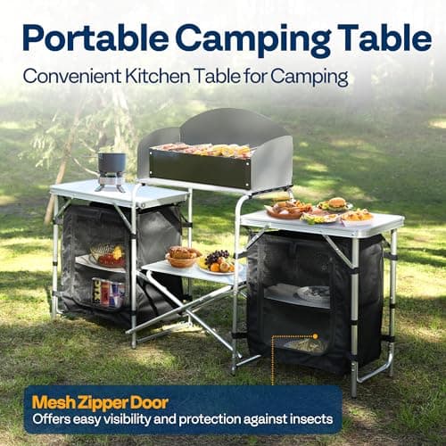 VIVOHOME Folding Camping Kitchen Station Table with Storage Organizer, 2 Side Tables, Stainless Steel Windscreen, Outdoor Portable Cook Station for BBQ, Picnics 8