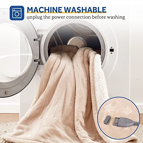 SEALY Electric Blanket King Size, Flannel & Sherpa Heated Blanket with 10 Heating Levels & 1-12 Hours Auto Shut Off, Fast Heating Warming Blanket, Machine Washable, Beige, 100 x 90 Inch 7