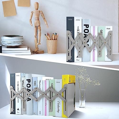 Adjustable Bookends, 19 inches 2 Dividers Heavy Duty Metal Book Holders, Book Storage Rack, Desk Organizer Magazine File Holder for Office, School, Bookstore and Home, Grey 7