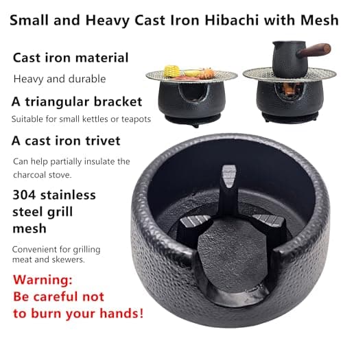 Cast Iron Teapot Warmer with Candle, Small Heavy Charcoal Stove for Tea Pot, Tea Kettle Warmer Set with Trivet, Barbecue Grill, ​Hibachi with 18/8 Stainless Steel Mesh 7